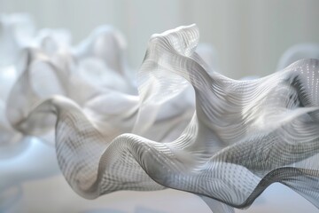 3D abstract sculpture with intricate woven patterns and fluid, airy textures. Dynamic silk-like structure blends elegance and futuristic design, creating a modern, ethereal visualization background.