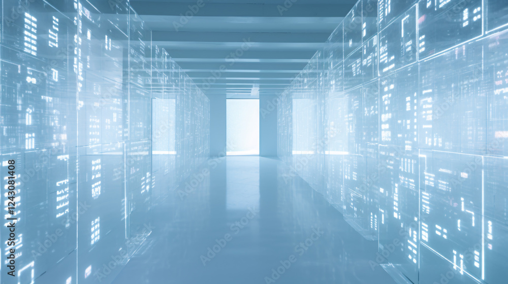 Poster Computer code files etched onto frosted glass panes, creating a high-tech and professional background design.

