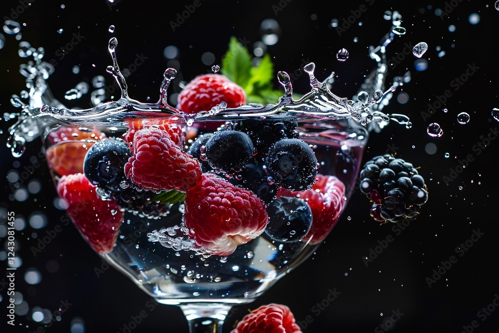 Poster raspberries and blueberries are floating in a cocktail glass with ice, making a visually appealing a