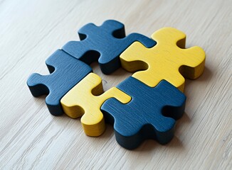 Fototapeta premium 4 yellow and blue puzzle pieces on light wooden background, stock photo,