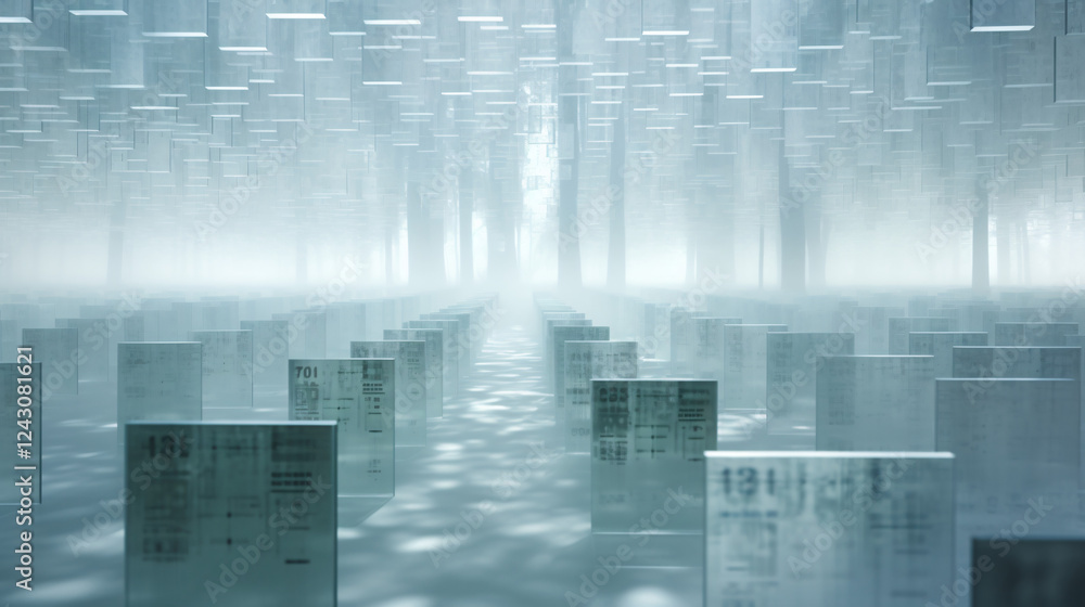 Poster Computer code files etched onto frosted glass panes, creating a high-tech and professional background design.

