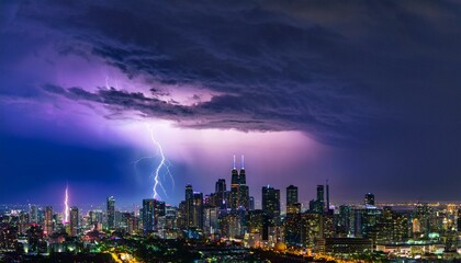 Fototapeta premium A breathtaking spectacle unfolds as a powerful lightning storm electrifies the night sky over a sprawling cityscape, casting an eerie yet mesmerizing purple glow.