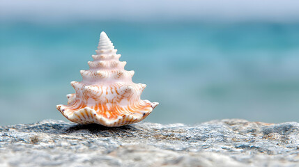 Seashell on rocks, ocean background, summer vacation