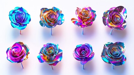 Modern set of assorted roses in vibrant neon colors, glowing effect, futuristic twist, cut out on a white background
