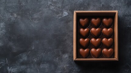 Obraz premium A Delightful Array of Heart-Shaped Chocolates, Exquisitely Arranged in a Luxurious Dark Box, Resting on a Sumptuous Gray Marble Surface, Evoking a Sense of Elegance and Indulgence