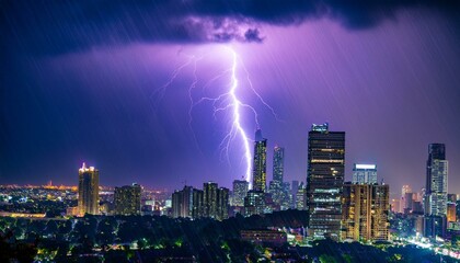 A breathtaking spectacle unfolds as a powerful lightning storm electrifies the night sky over a sprawling cityscape, casting an eerie yet mesmerizing purple glow.