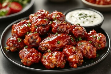BBQ chicken wings, ranch dip, dark plate, food photography, restaurant menu