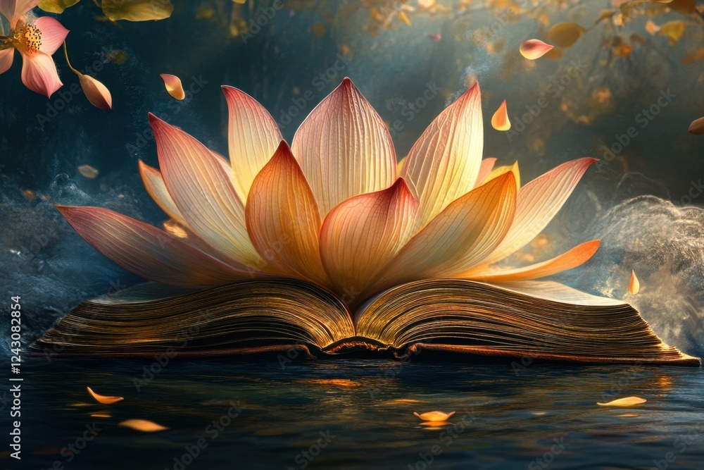 Poster a book is open to a page with a flower on it