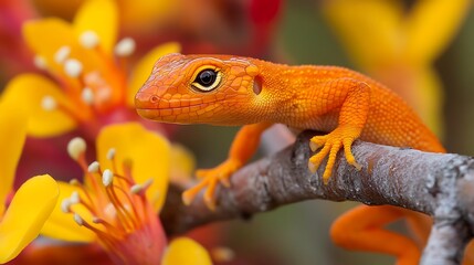 Obraz premium Vibrant Orange Lizard on Branch Amidst Yellow Flowers