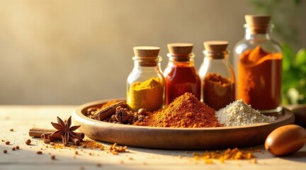 Warm golden light illuminates an assortment of exotic spices in glass jars and a wooden bowl, creating a vibrant and aromatic scene.