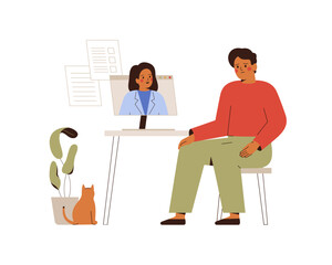 sad man listening speech of doctor via internet from home. unhealthy male person and medical care worker talking online. Telemedicine. vector illustration