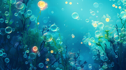 Fototapeta premium A digital art design with underwater bubbles and a green background, perfect for technology presentations.