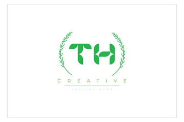TH letters eco logo with leaf. Fresh nature and healthy leaf logo design.