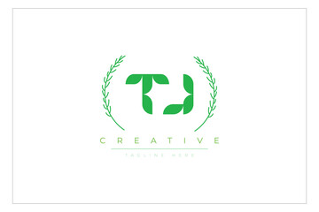 TJ letters eco logo with leaf. Fresh nature and healthy leaf logo design.