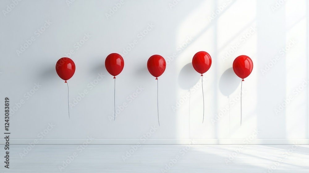 Poster red balloons floating inside an elegant white gallery space, minimalistic and stylish with copy spac
