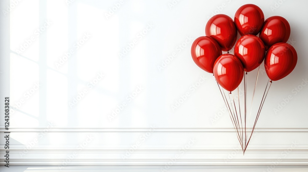 Poster red balloons floating inside an elegant white gallery space, minimalistic and stylish with copy spac
