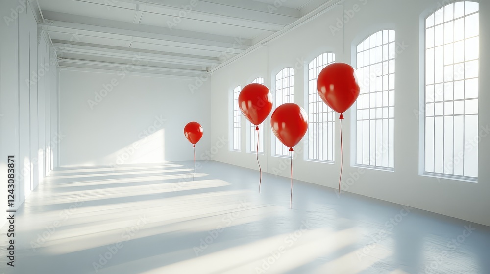 Poster red balloons floating inside an elegant white gallery space, minimalistic and stylish with copy spac
