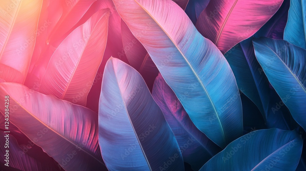 Poster a stunning array of tropical leaves showcases a rich blend of vibrant colors, ranging from deep blue