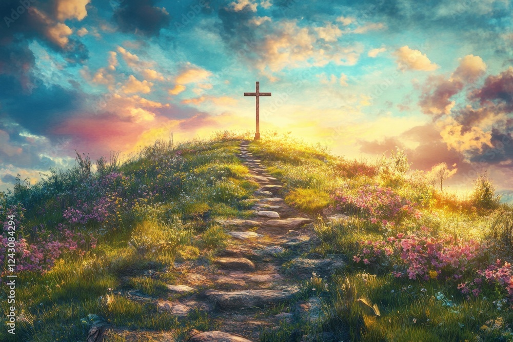 Poster a cross is on a hill with a path leading to it