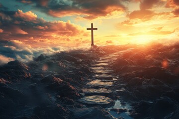 Naklejka premium A cross is standing on a rocky mountain path