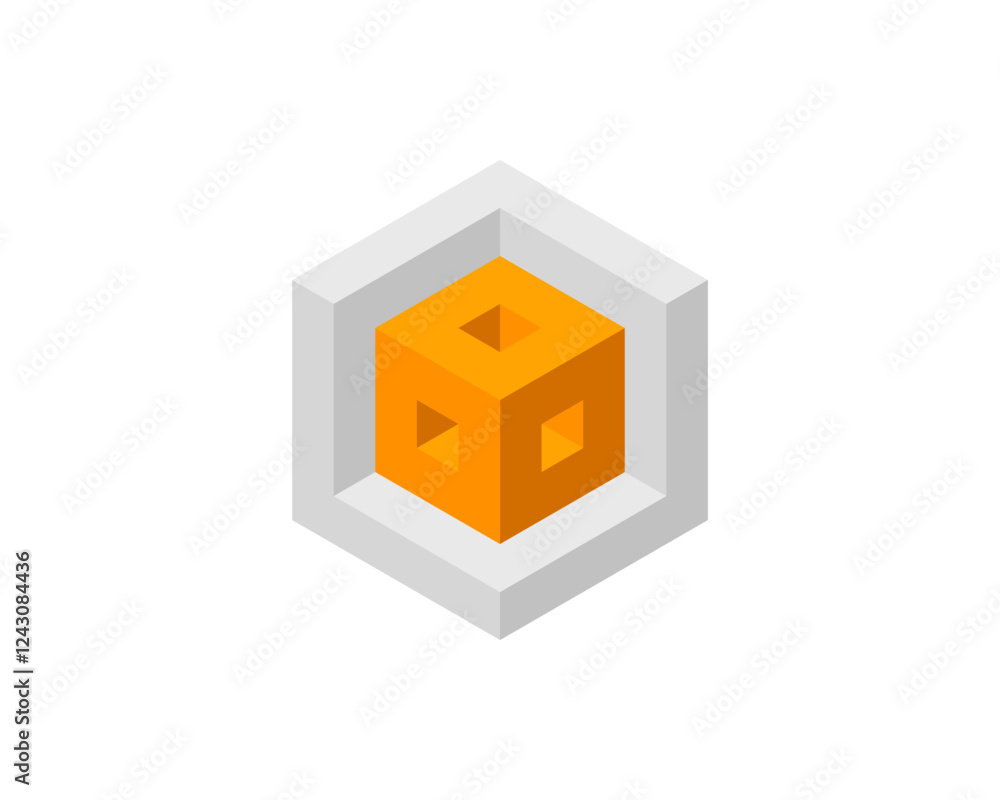 Poster abstract isometric design featuring an orange cube within a gray hexagonal frame. perfect for tech, 