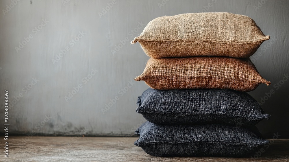Aufkleber a stack of textured pillows in neutral tones resting on a rustic surface against a plain wall