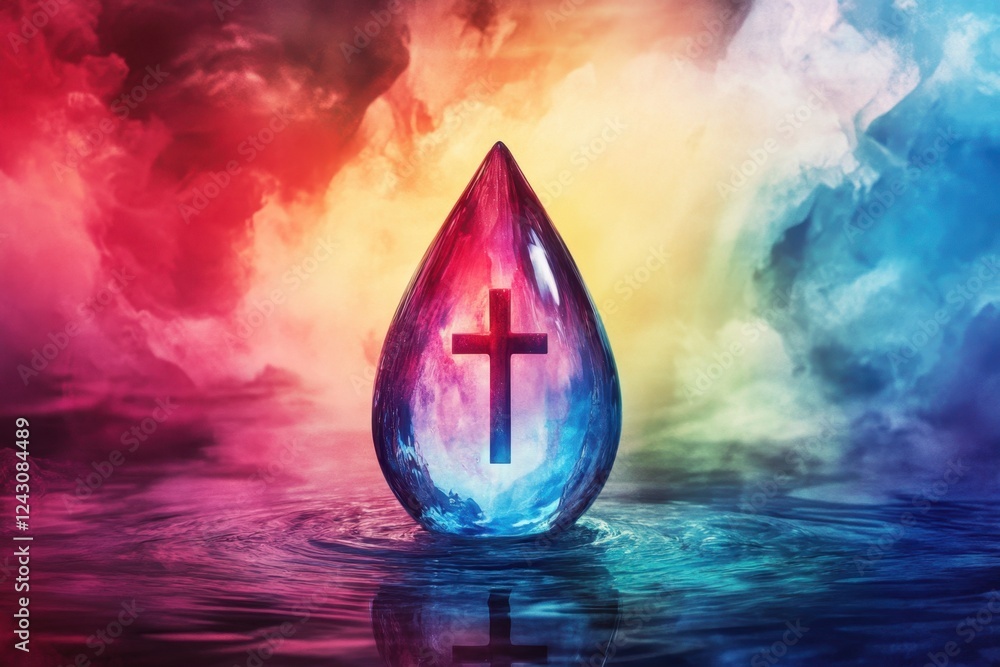 Poster a blue drop with a cross on it is floating in a body of water