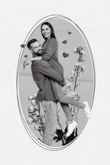 Photo collage artwork minimal picture of funny couple cuddling enjoying 14 february isolated...