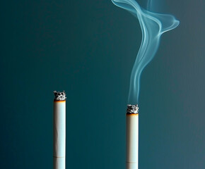 Two cigarettes stand upright against a moody blue-gray background, one extinguished and the other still burning, releasing a delicate trail of smoke. The image symbolizes addiction, contrast.