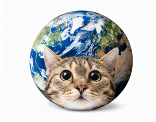 El planeta en el dia mundial del gato con una cabeza de gato en el centro sobre un fondo blanco