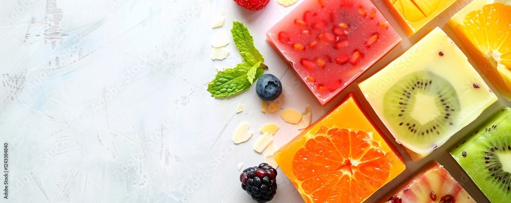 Poster Array of vibrant and refreshing fruit popsicles is displayed alongside fresh fruit and mint leaves on a table