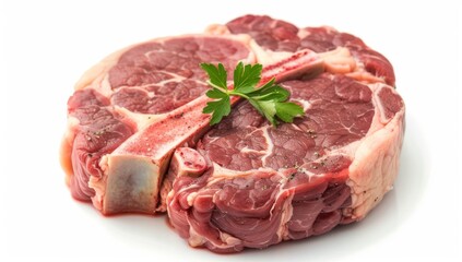 Fototapeta premium Raw beef osso buco against a white background, marbling of meat, raw steak butcher, butchers website