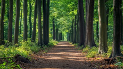 Obraz premium Sunlit path through verdant forest, nature walk, tranquil background, travel poster
