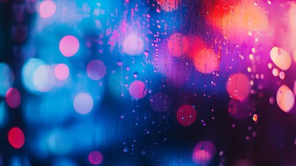 Neon lights dance on rain-soaked streets, casting a vibrant glow on the darkness. Abstract blues and laser reds intertwine, painting an ethereal cityscape. 