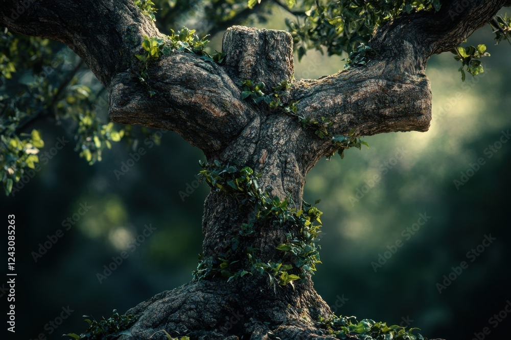 Poster a tree with a cross on it is growing in a forest