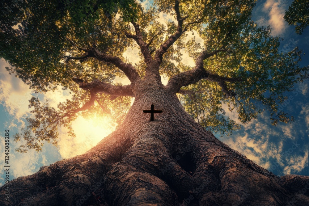 Poster a large tree with a cross carved into it