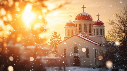 A beautiful Greek Orthodox church with two domes and a red roof stands against the background of a winter snowfall, the warm glow of a sunset, blurred trees in the foreground, a bokeh effect,