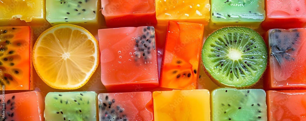 Poster slices of citrus and kiwi fruits are laying on top of colorful fruit jelly candy, creating a vibrant