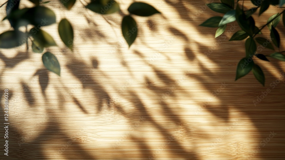 Poster delicate leaves cast intricate shadows on a smooth wooden surface, illuminated by gentle sunlight th