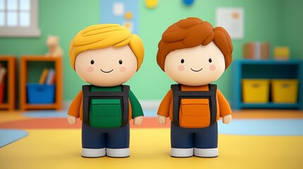 Two Smiling Cartoon Boys In A Bright Classroom