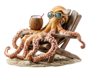 funny octopus lounging on beach chair, sipping coconut drink, enjoying sunny day at beach. This whimsical scene brings smile and captures playful moment
