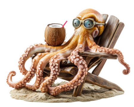 funny octopus lounging on beach chair, sipping coconut drink, enjoying sunny day at beach. This whimsical scene brings smile and captures playful moment