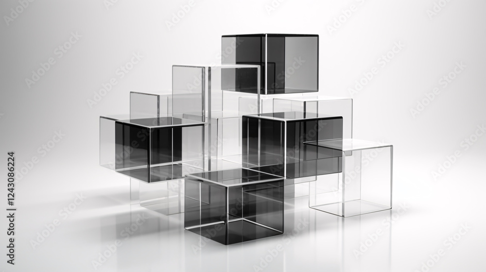 Poster a geometric shape design in black, white, and grey with translucent cubes, perfect for tech displays