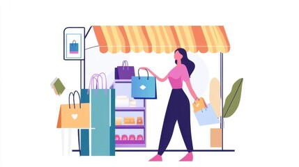 A person carrying shopping bags near a shop with awning and some packages displayed