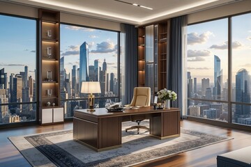Opulent Executive Office Interior with Contemporary Design and Breathtaking City Skyline Views 3D Visualization