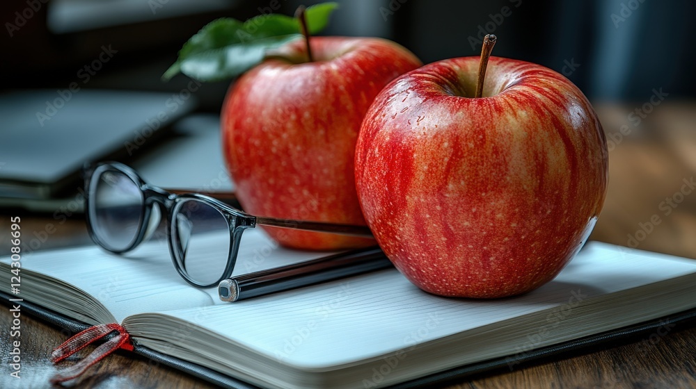 Poster two vibrant red apples resting on an open notebook with glasses and a pen, soft background light