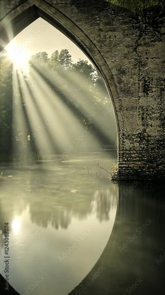 Poster sunlight filters through an ancient archway above a tranquil river in a serene natural setting
