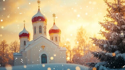 Obraz premium A beautiful Orthodox church with two domes and one red roof, snowflakes falling in the background, golden hour lighting, a Christmas tree visible on the right side of the frame,