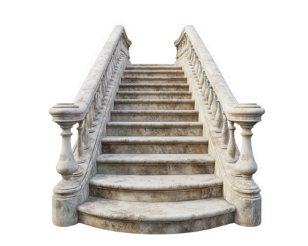 Grand stone staircase leading to nowhere, isolated on transparency background, evokes sense of mystery and elegance. intricate details and weathered texture add character