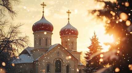 Fototapeta premium A beautiful Orthodox church with two domes and one red roof, snowflakes falling in the background, golden hour lighting, a Christmas tree visible on the right side of the frame,